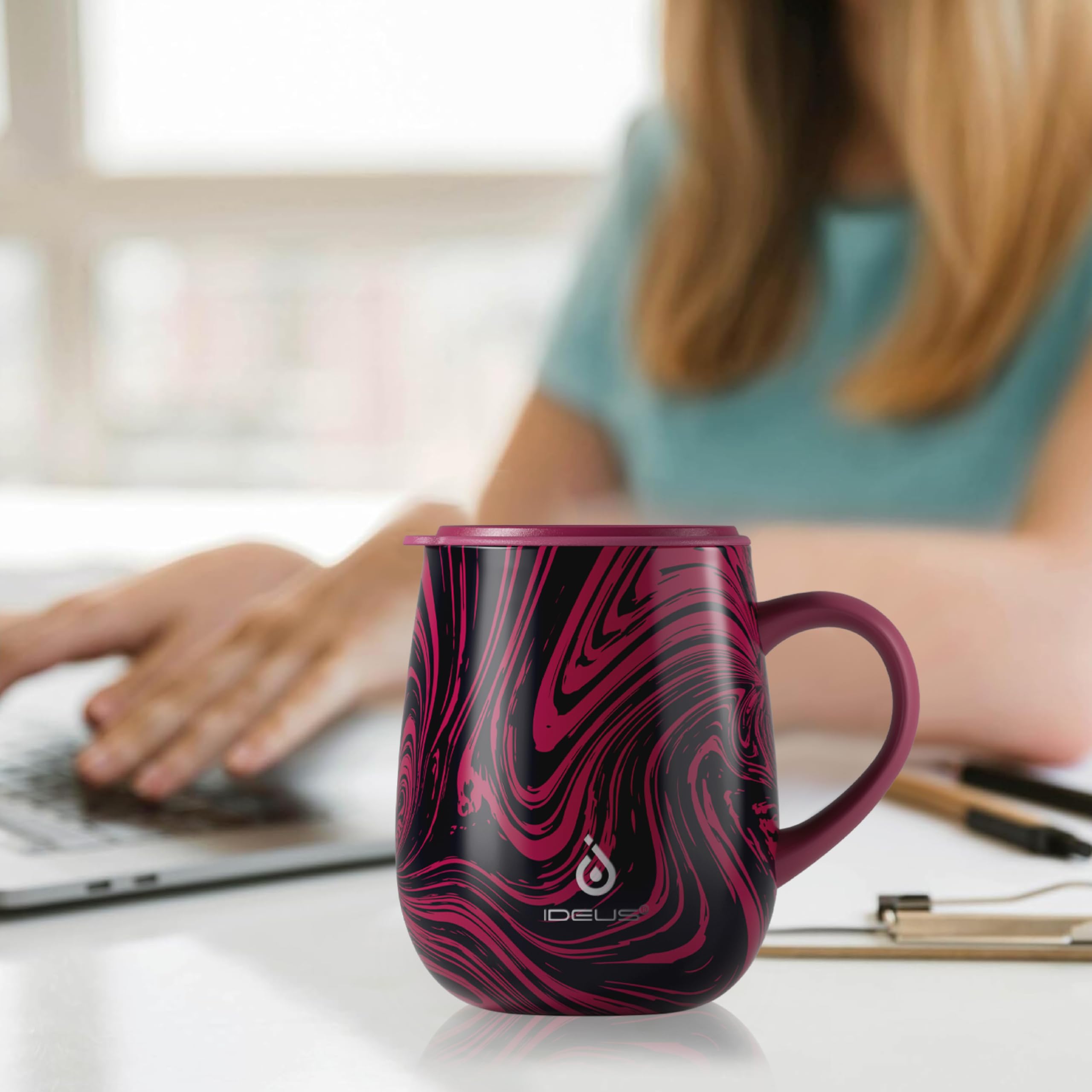 Ideus 453.6 g (470ml) Isolierter Kaffeebecher mit Griff und Deckel, doppelwandiger Edelstahl-Vakuum-Thermo-Kaffeebecher, Reise-Kaffeetasse, Thermobecher für Zuhause und Büro (Rotes Zebra)
