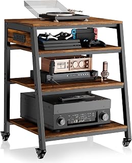 4-Tier AV Media Stand - Stereo Cabinet, Audio Rack with Side Power Strip and 2 Adjustable Shelves, Record Player & Game Console Storage Unit, Entertainment Center Furniture, Brown (Large)