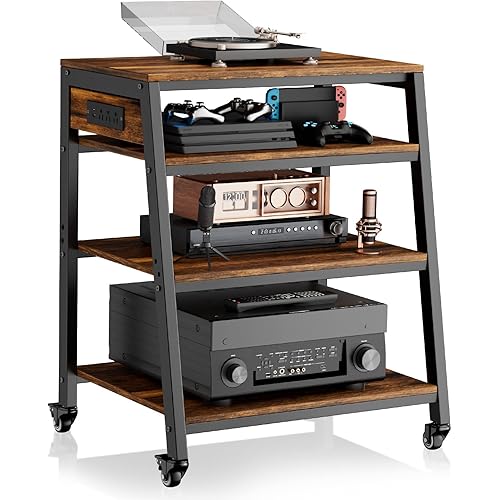 4-Tier AV Media Stand - Stereo Cabinet, Audio Rack with Side Power Strip and 2 Adjustable Shelves, Record Player & Game Console Storage Unit, Entertainment Center Furniture, Brown (Large)