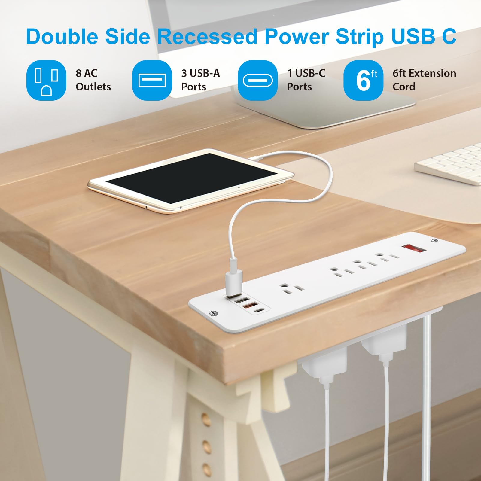Regleta Multicontactos USB C 20W Alargador Doble Cara Eléctrica 8 Contactos 4 USB para Escritorio, Sofá, Consola, Cajón, Oficina, Armario