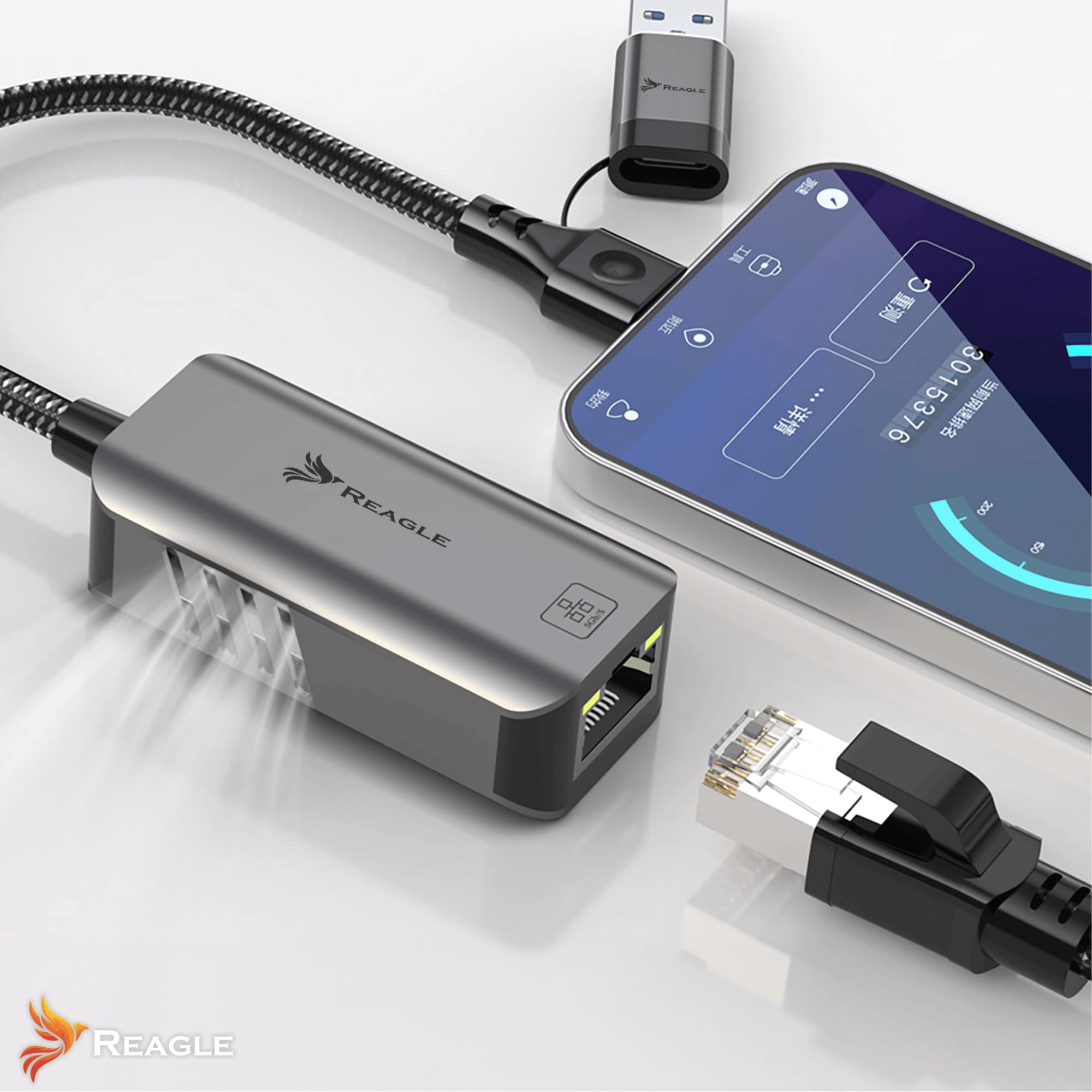 Reagle Adaptateur USB-A USB-C 3.2 vers RJ-45 Ethernet - 5000 Mbps, boîtier en aluminium, affichage LED, Plug & Play, compatible avec Windows & Mac OS, Android, Linux