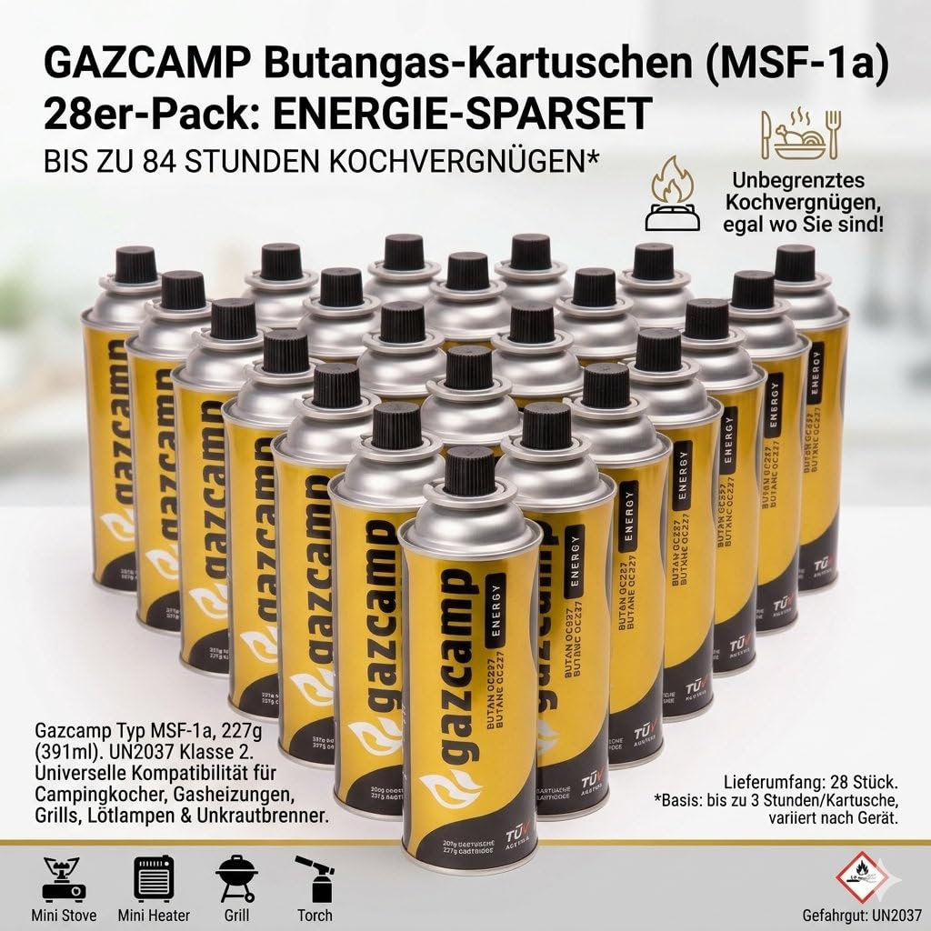 Gazcamp GC227 Gaskartuschen (28 Stück a 227g) Butan 227g Kartusche MSF-1A Gaskocher Campingkocher Gas Butangas Gaskartusche Camping Outdoor