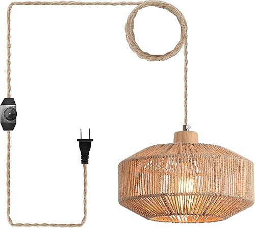 Miniatura 9 de Coastal - Lámpara colgante tejida grande enchufable con cable de luz tejido a mano de 14 pies, interruptor regulable, lámpara colgante de cuerda de