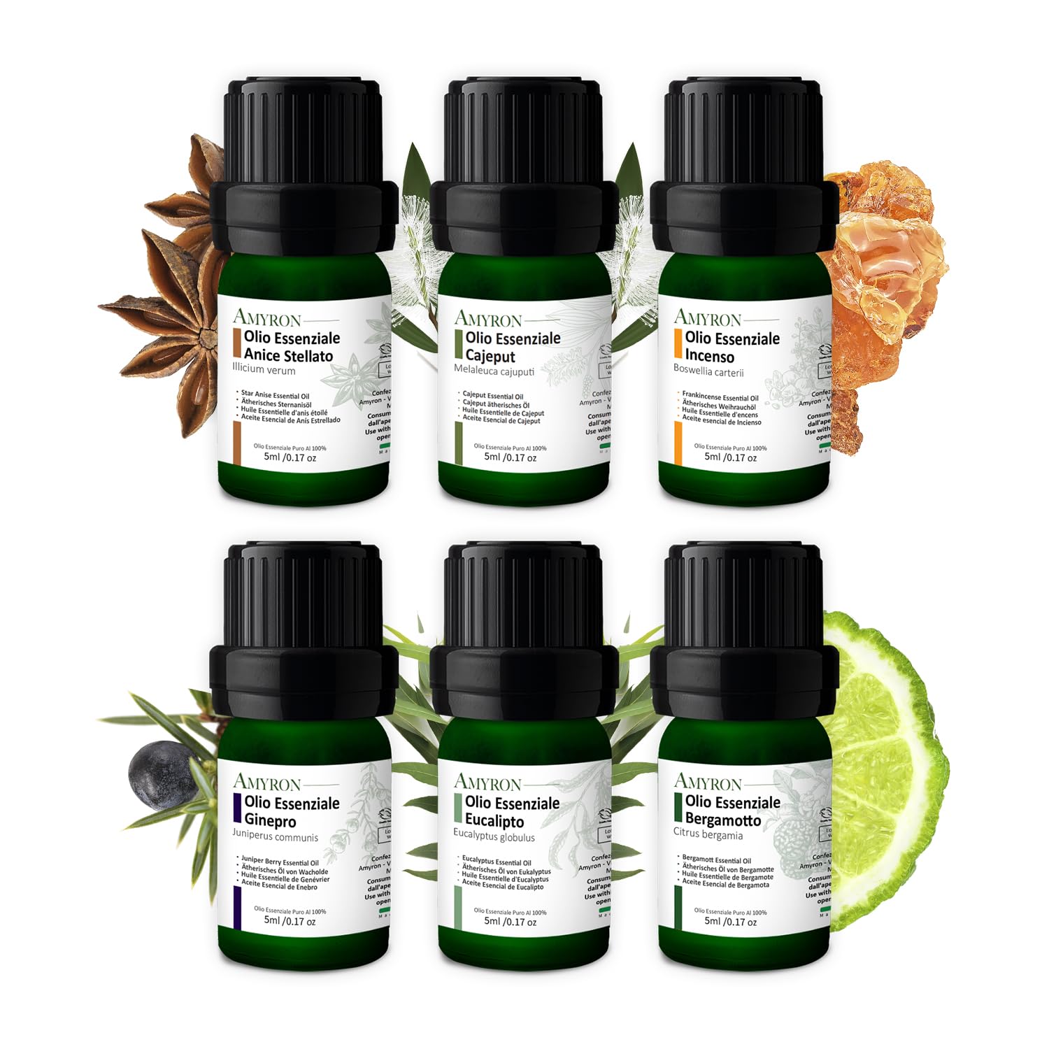 Set di Oli Essenziali Naturali per Aromaterapia | Fragranza Ambiente | Anice stellato | Cajeput | Incenso/Franchincese | Ginepro Bacche | Bergamotto | Eucalipto | Ideale Per Diffusore.