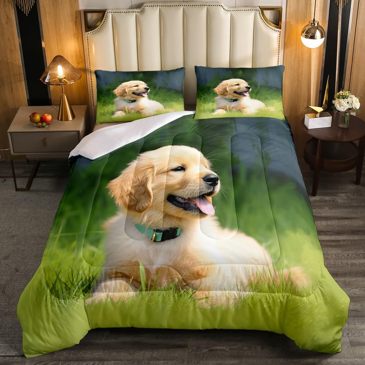Erosebridal Golden Retriever Down Comforter, Pet Puppy Dog on The Grass Pattern Print Bedding Set Dog Lover Comforter Set, Animal Decorative 2 Piece Bedding Set with 1 Pillow Sham, Twin Size