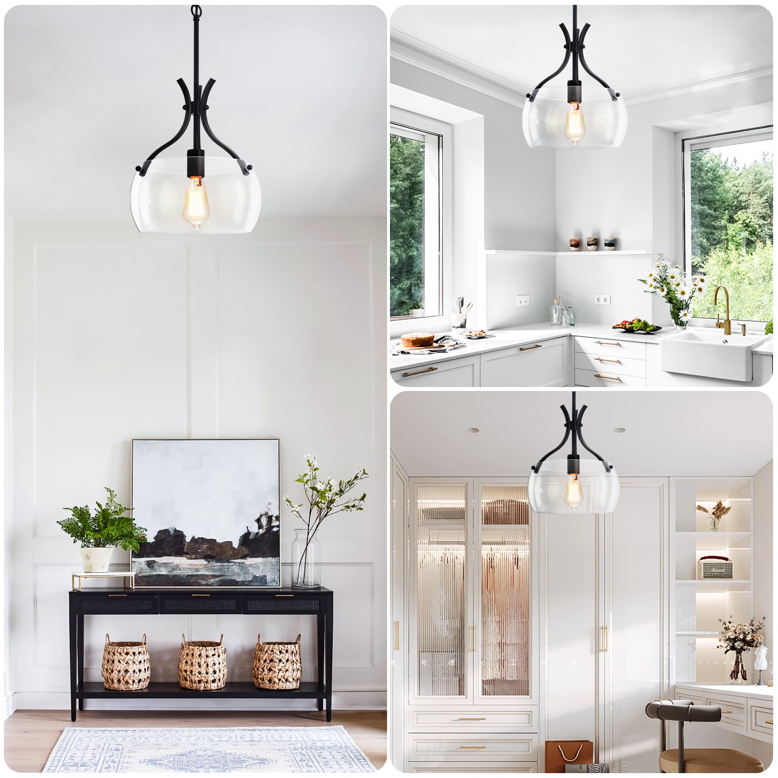 NZZDYI Modern Black Glass Pendant Lights for Kitchen Island 11.8