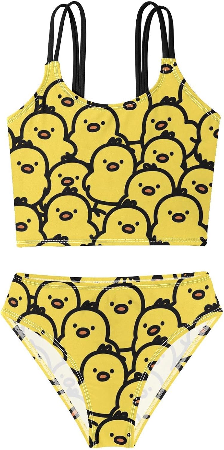 visesunny Girls Two Piece Swimsuits Vector Yellow Chick Design Girl's Bikini Sets Bathing Suits for Girls Size 5-12Y
