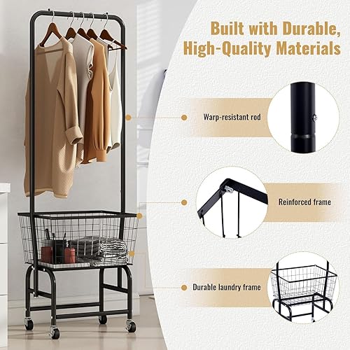 Vista 5 de ALIMORDEN Laundry Cart with Clothes Rack, Rolling Laundry Butler with Wire Storage Rack，Black Negro