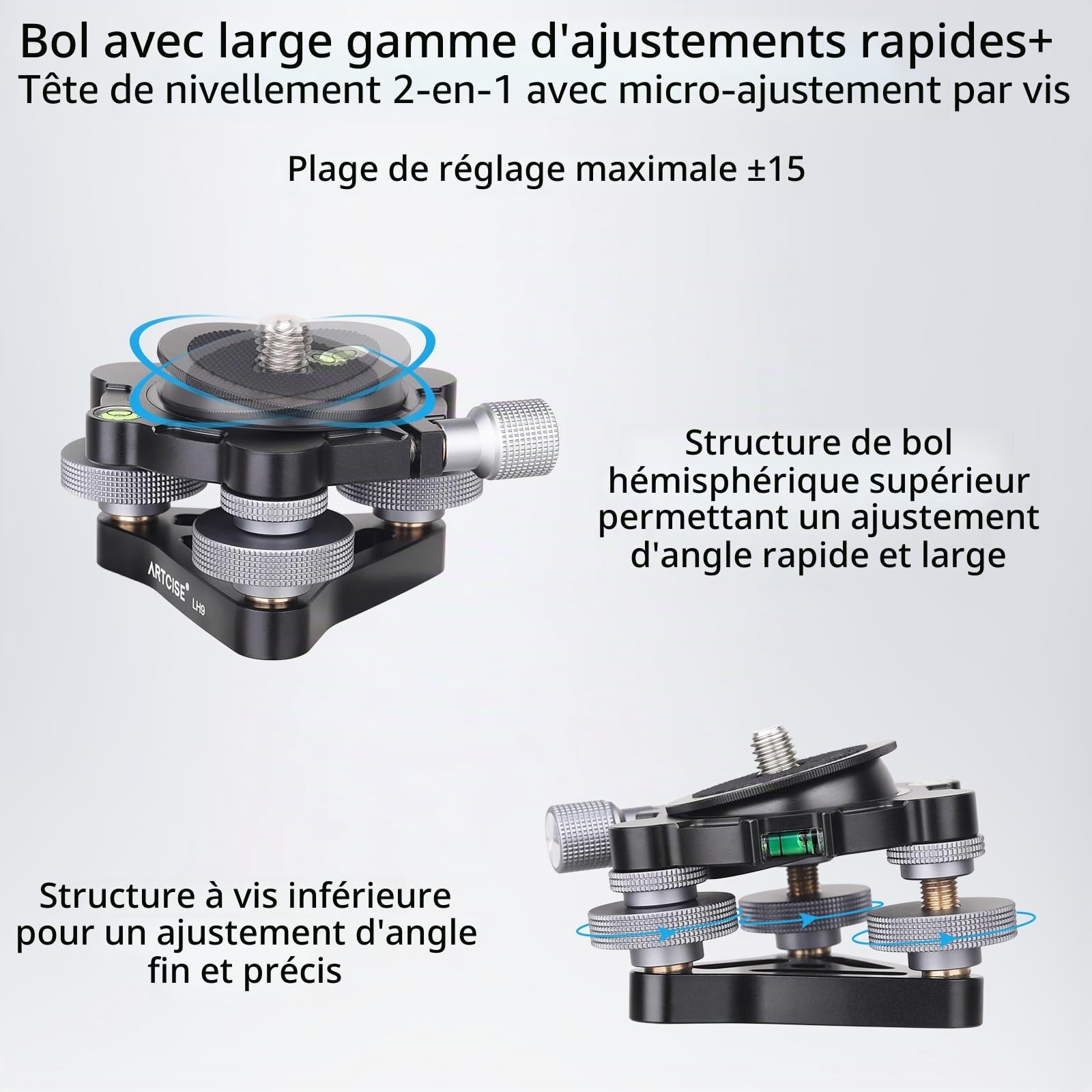 Base de nivellement pour trépied ARTCISE Diamètre∅70mm, tête de nivellement avec Inclinaison -15°/15°, avec 3 Niveaux à Bulle et 3 Roues -5°/5° pour réglage de précision, Charge maximale 10KG