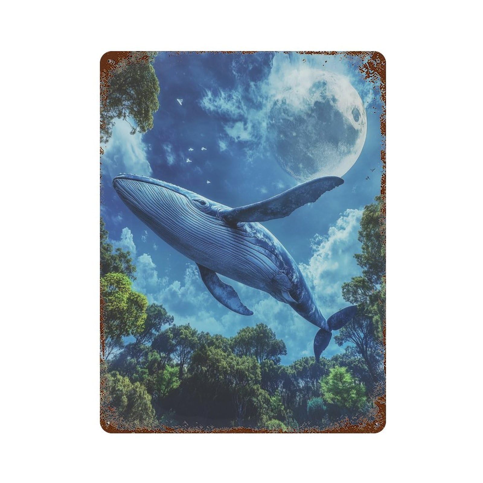 Whale in The Sky Rustic Tin Plaque 15.7"x11.8", Ideal for Office, Studio And Wall Decor
