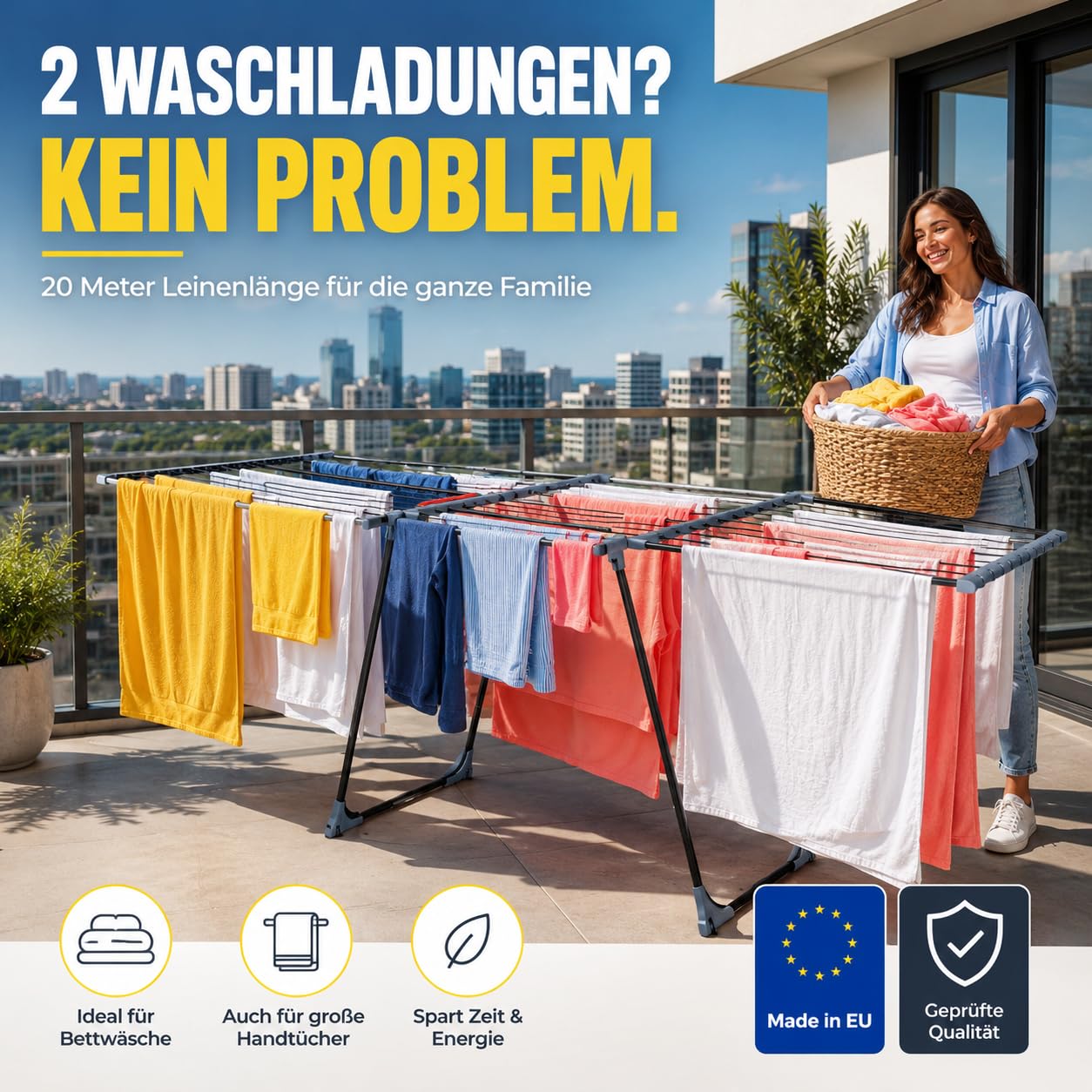 Wäscheständer ausziehbar 20m Trockenfläche – XXL Standtrockner klappbar mit Rollen & Klemmen, für 2 Waschladungen, Balkon & Innen