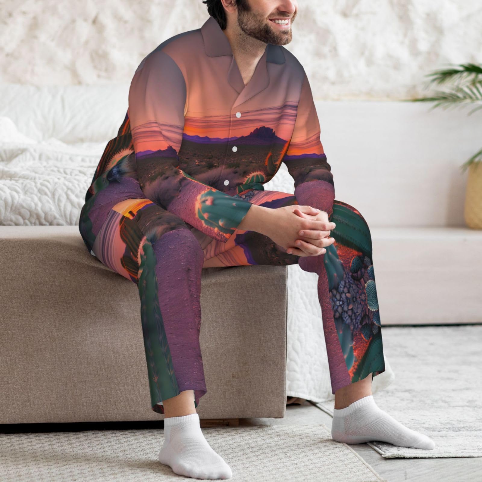 Set di pigiama da uomo morbido a maniche lunghe, motivo cactus desertico tramonto, nero, XL, Nero , X-Large
