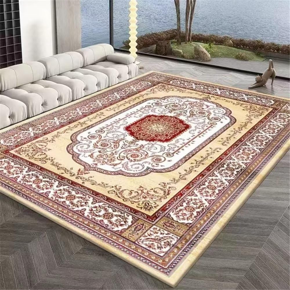 Tapis chambre enfant lavable et anti-poussière motif floral vintage rouge jaune pour salon