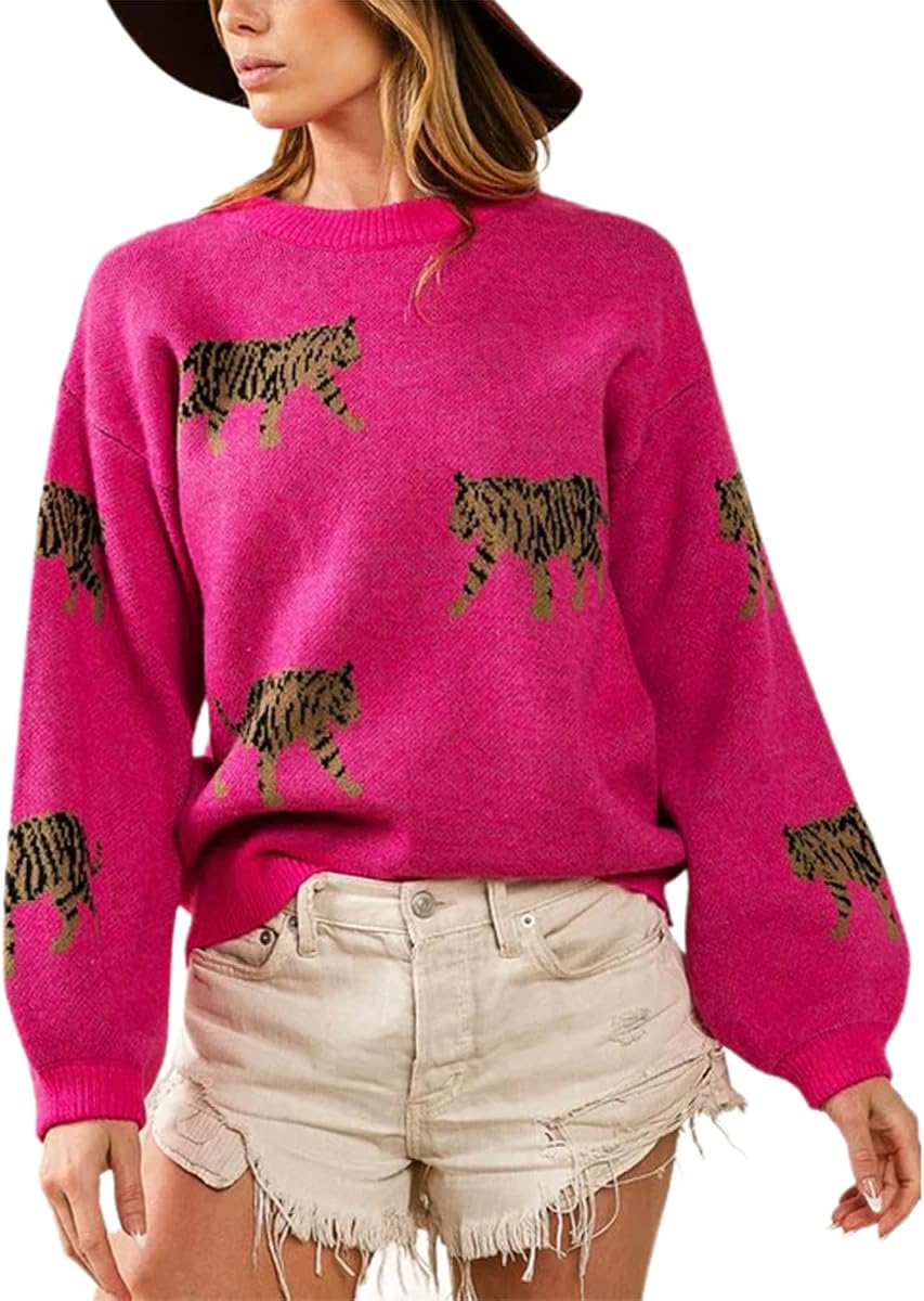 Mujeres Y2k Suéteres Vintage Tigre Impresión Manga Larga Suéter Otoño Prendas De Punto Ropa De Calle