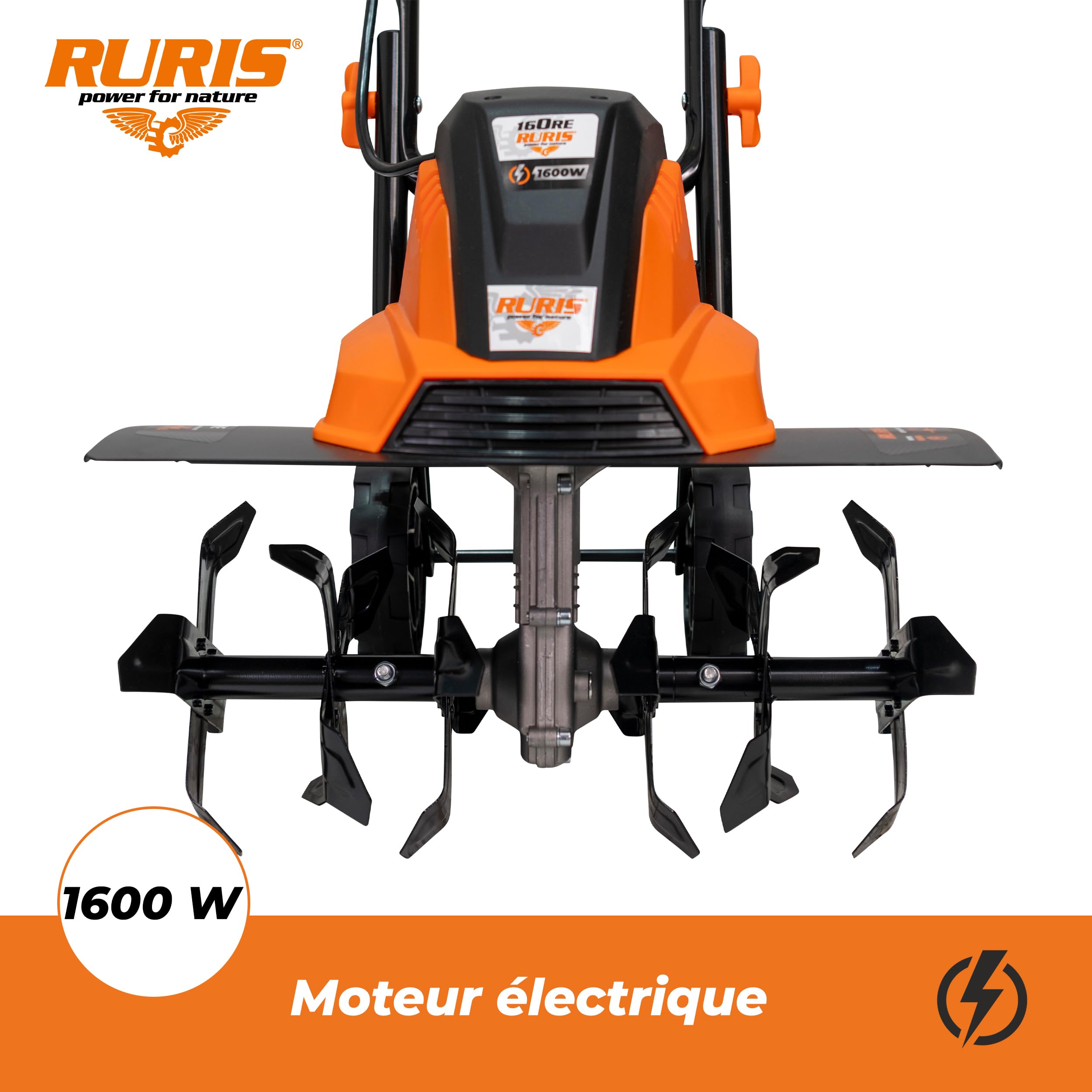 RURIS Motobineuse électrique 160RE - 1600W, Largeur 450 mm, Profondeur 220 mm, 24 Couteaux, Frein électronique, 2 Roues, légère et silencieuse, Orange