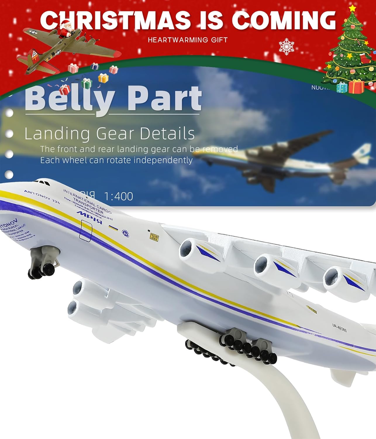 Close-up of the belly part of the Antonov-225 Mriya model, showing intricate landing gear details