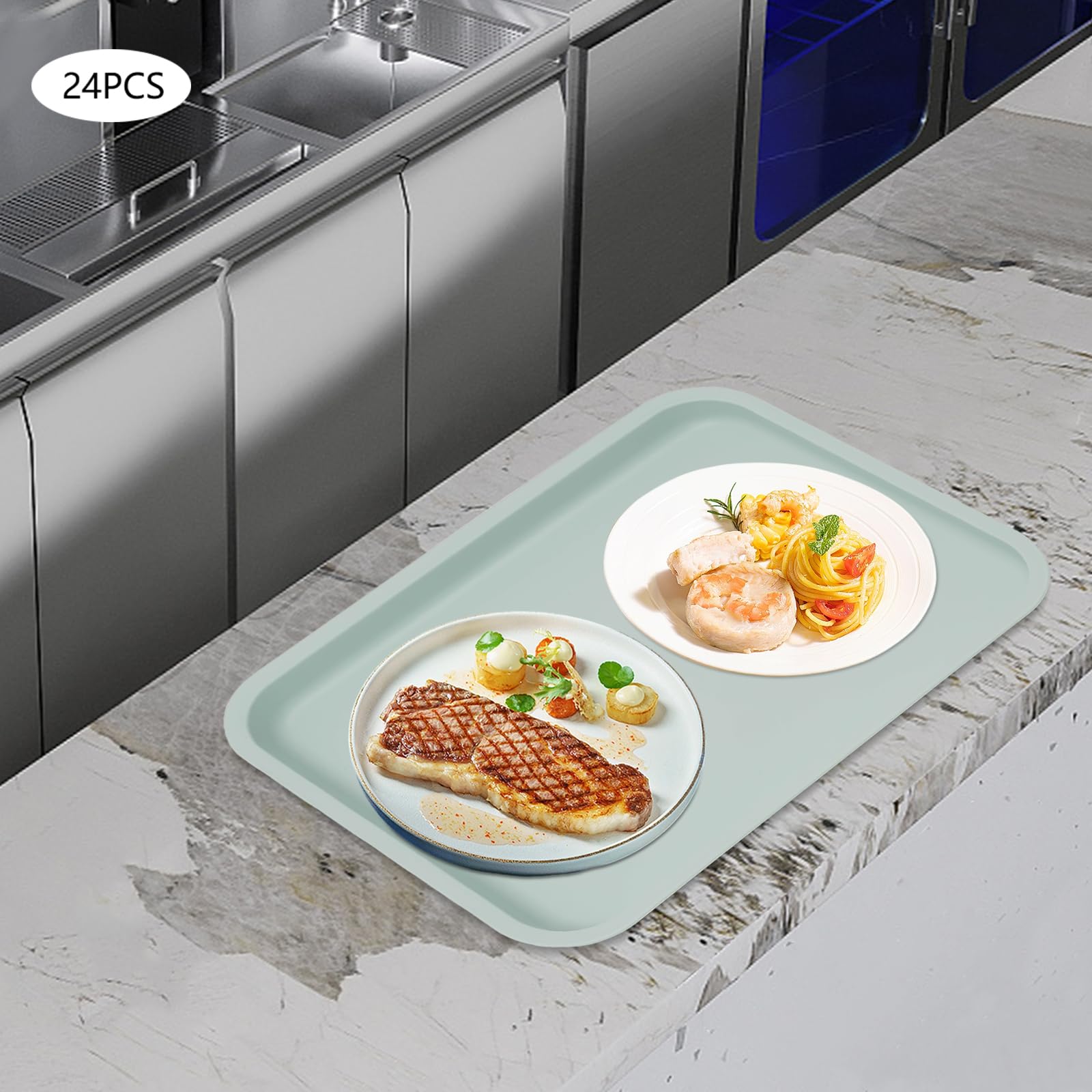 24 vassoi per fast food, in plastica, antiscivolo, rettangolari, per cucina, sala da pranzo, 36 x 27 x 2 cm (blu)