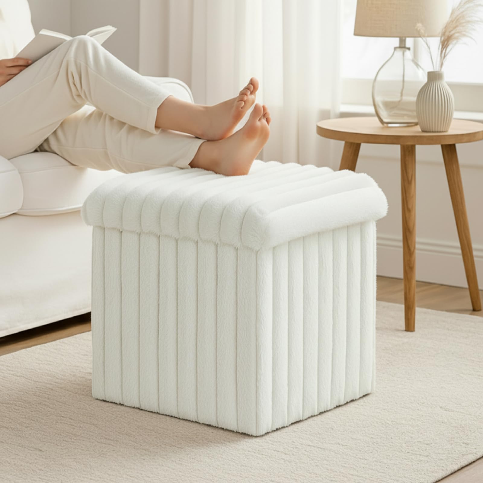 Wenqik White Fluffy and Furry Storage Ottoman, White Square Footrest Stool Small Ottoman with Storage Foldable for Living Room Bedroom, 15x15x13 Inch,