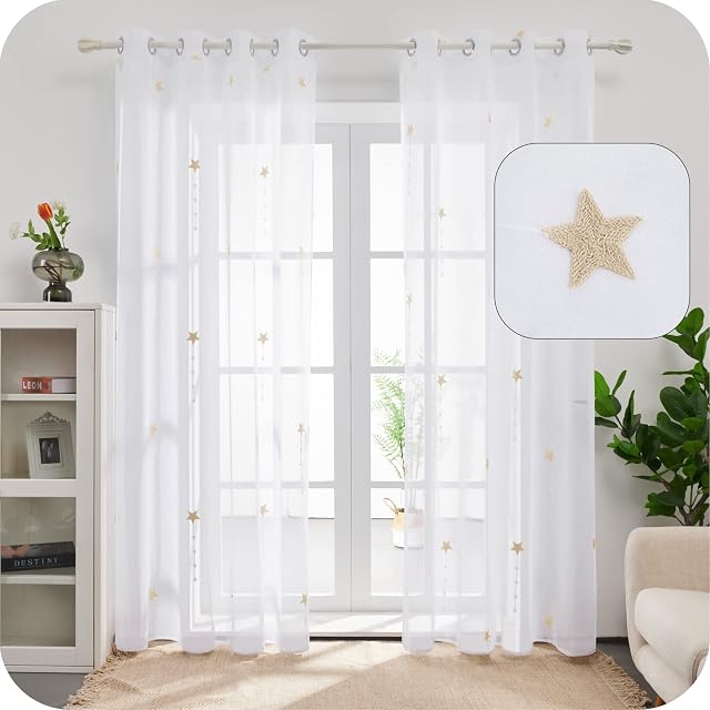Amazon Brand - Umi Dedanlion Floral Embroidered Voile Curtains Eyelets Linen Look Sheer Curtains Home Decorative Net Curtains for Kitchen 55 x 90 Inch Linen One Pair