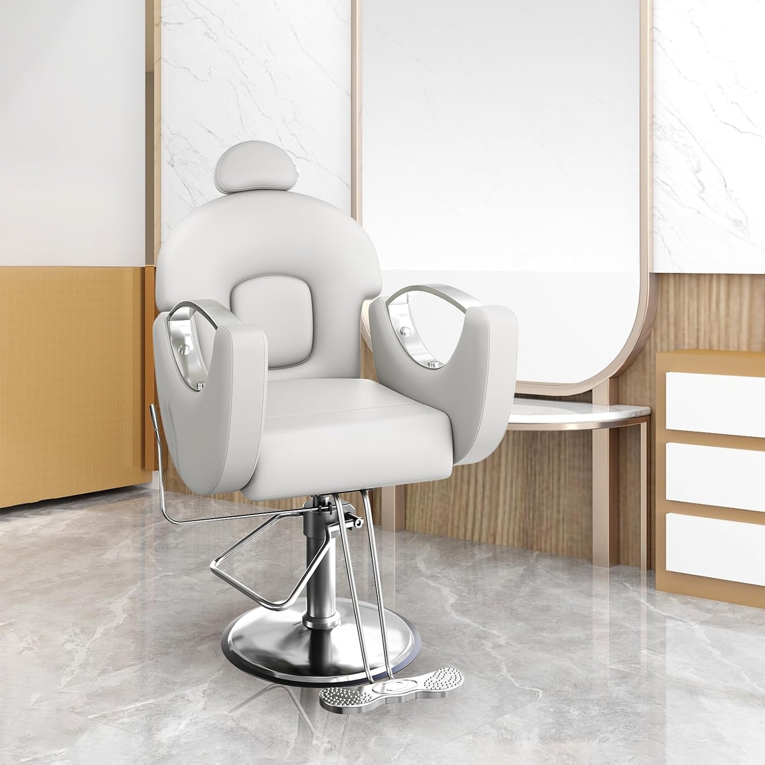 Barber Chair for Hair Stylist, Heavy Duty Reclining Salon Chair with Height Adjustable Hydraulic and 360 Degrees Rotation Base, Max Load 330 LBS Beauty Spa Equipment for Barbershop- Grey & Silver