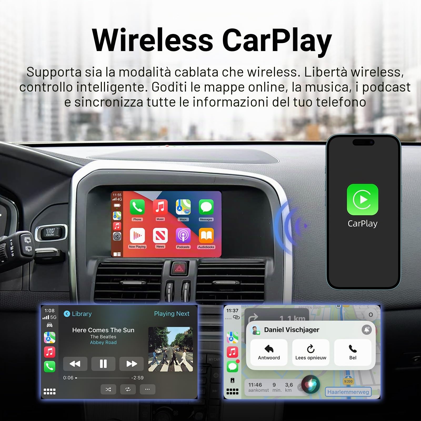 Decoder Box CarPlay Wireless per Volvo 2015-2018 con Schermo 7 Pollici | Supporta Android Auto via cavo o wireless Bluetooth WiFi navigazione GPS e controllo fabbrica per V40 V60 S60 XC60 S80 Plug