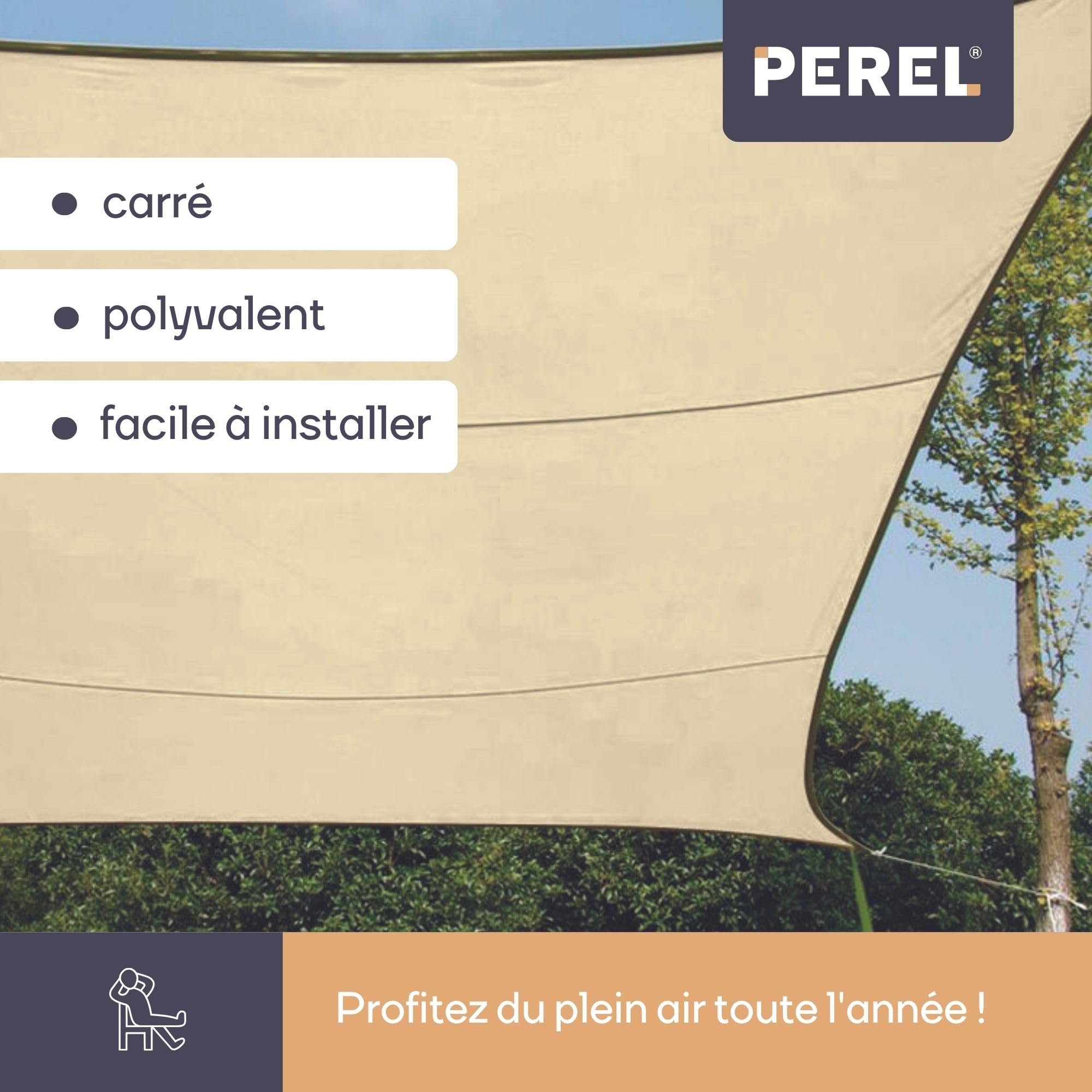 Perel Voile d’ombrage 3.6 x 3.6 m, Carree pour Jardin et terrasse, Polyester deperlant 160 g/m2, Protection UV 90%, Toile Respirante avec Anneaux en Acier Inoxydable, Creme