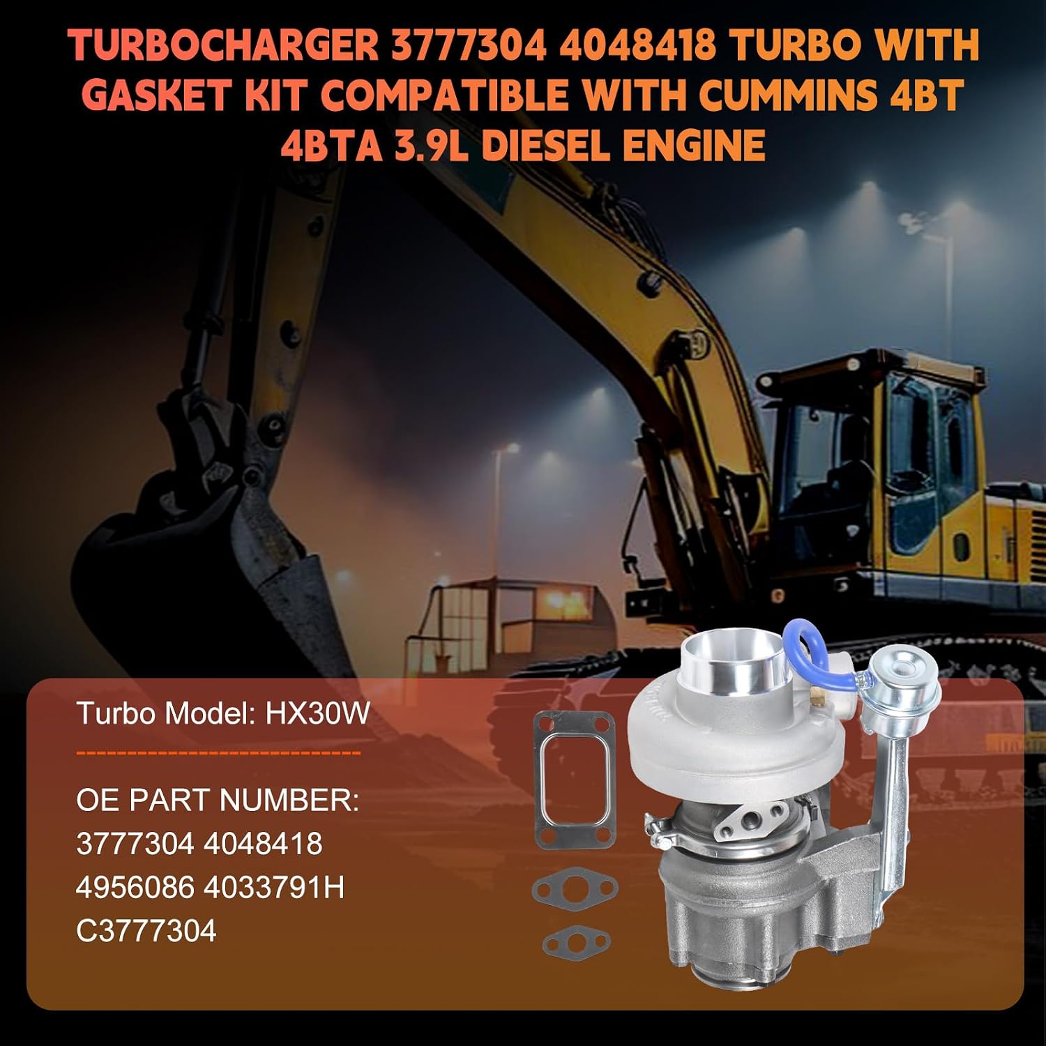 HX30W Turbocharger 3777304 4048418 Turbo With Gasket Kit Compatible with Cummins 4BT 4BTA 3.9L Diesel Engine Replacement Parts Replace 4956086 4033791H C3777304