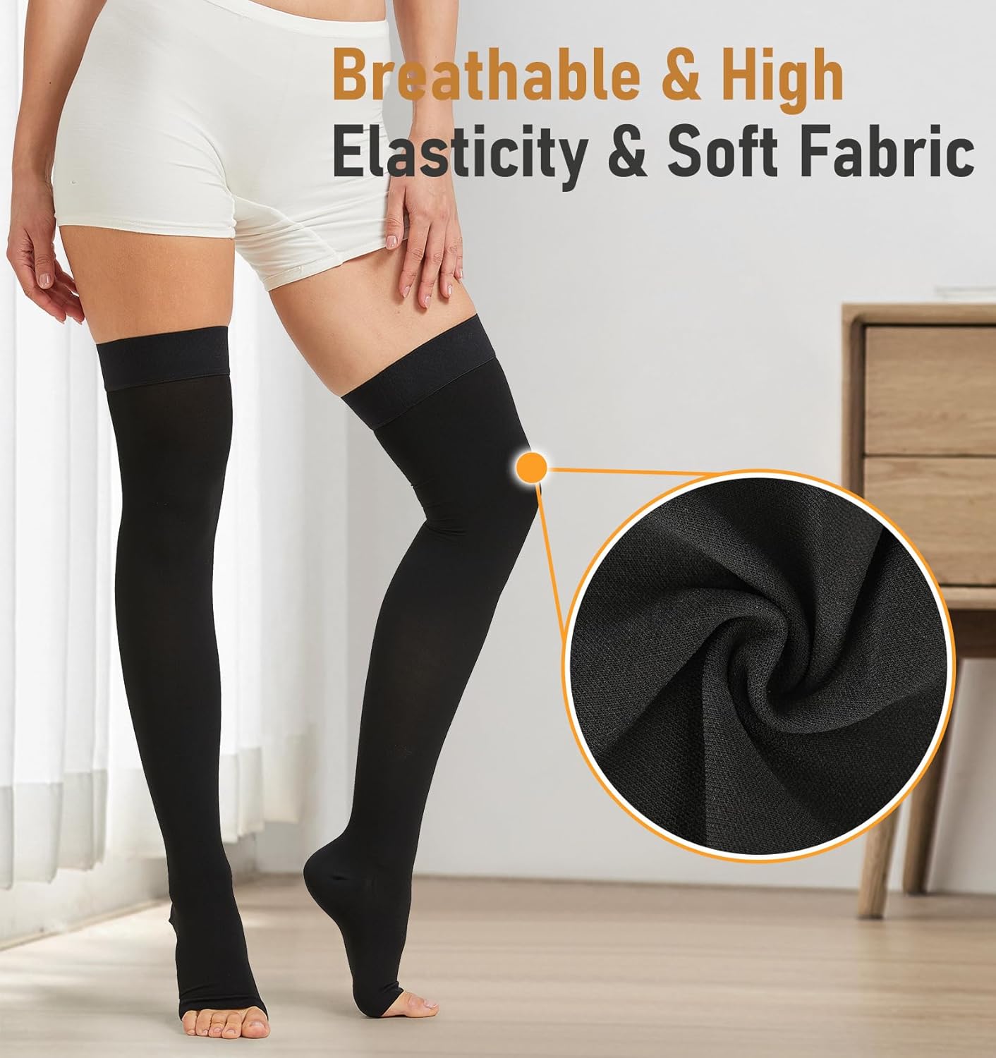 NURCOM 20-30 mmHg Medical Compression Stockings for Women & Men, Open Toe Thigh High Compression Socks with Dot Silicone Band, Graduated Support Stockings for Varicose Veins, Swelling, DVT, Flight - Image 3