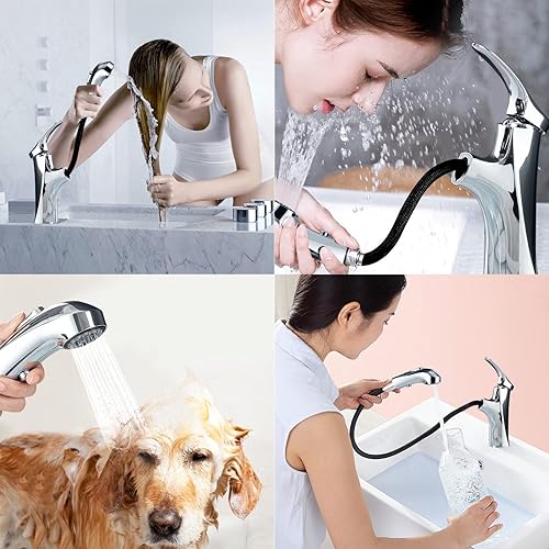 Miniatura 6 de MIAOHUI Grifo de baño extraíble cromado, grifo de lavabo de baño de un solo orificio con 3 modos de rociador, grifo de tocador moderno de una manija