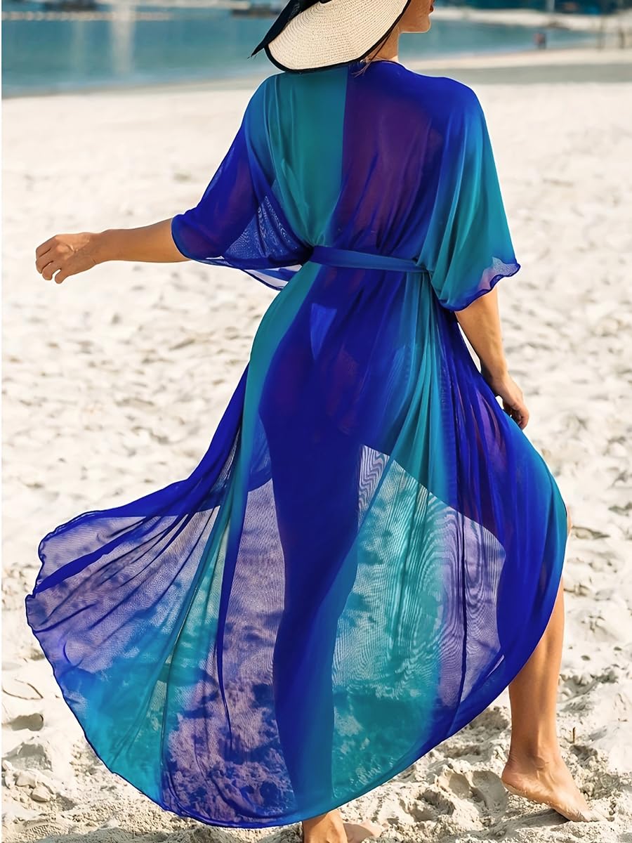 Robe De Plage Large Size Gradient Beach Cover Up Short Sleeve One Piece Kimono Women Swimwear Female Bathing Suit Beachwear Swimming Robe Plage(2XL)