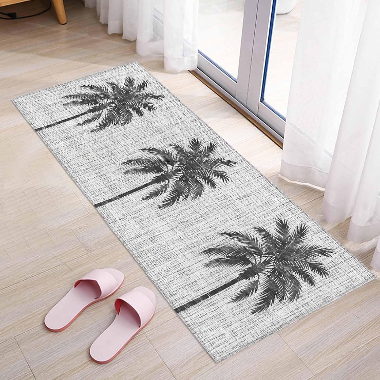 Kitchen Mats for Floor Black Coconut Tree Sketch Washable Non Slip Kitchen Rugs 1PCS, Tropical Plant Retro Burlap Texture Absorbent Standing Mats for Sink Bathroom Office Living Room 15.7x47.2in