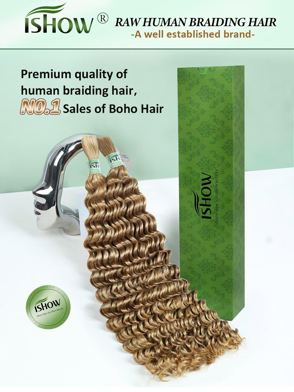 ISHOW Raw Human Braiding Hair, 100% Unprocessed Virgin Human Hair, 15A Deep Wave Boho Hair, 100g 22 Inch (2 Packs), NO.1 Premium Quality Boho Hair Producer, Long Lasting, Honey Blonde Color 27