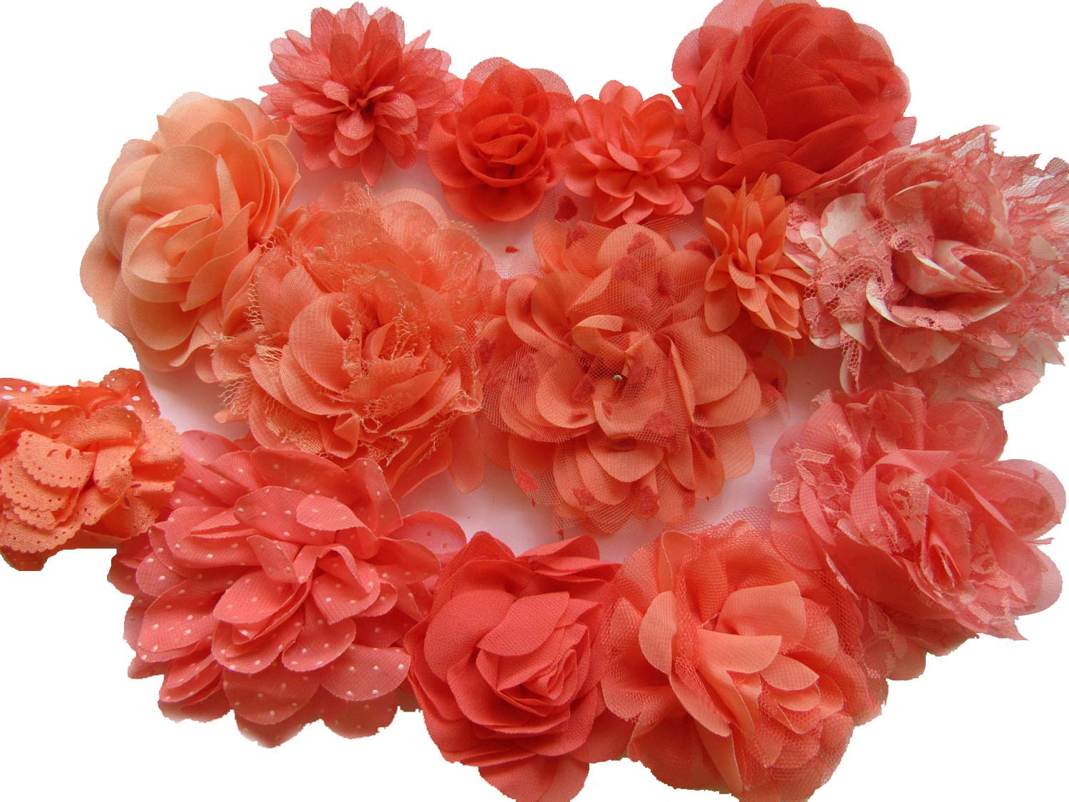 YYCRAFT 15pcs Coral Chiffon Lace Hair Flower for Girls Headband Baby Flowers Bows,Crafts,Party Decoration(2"-4")