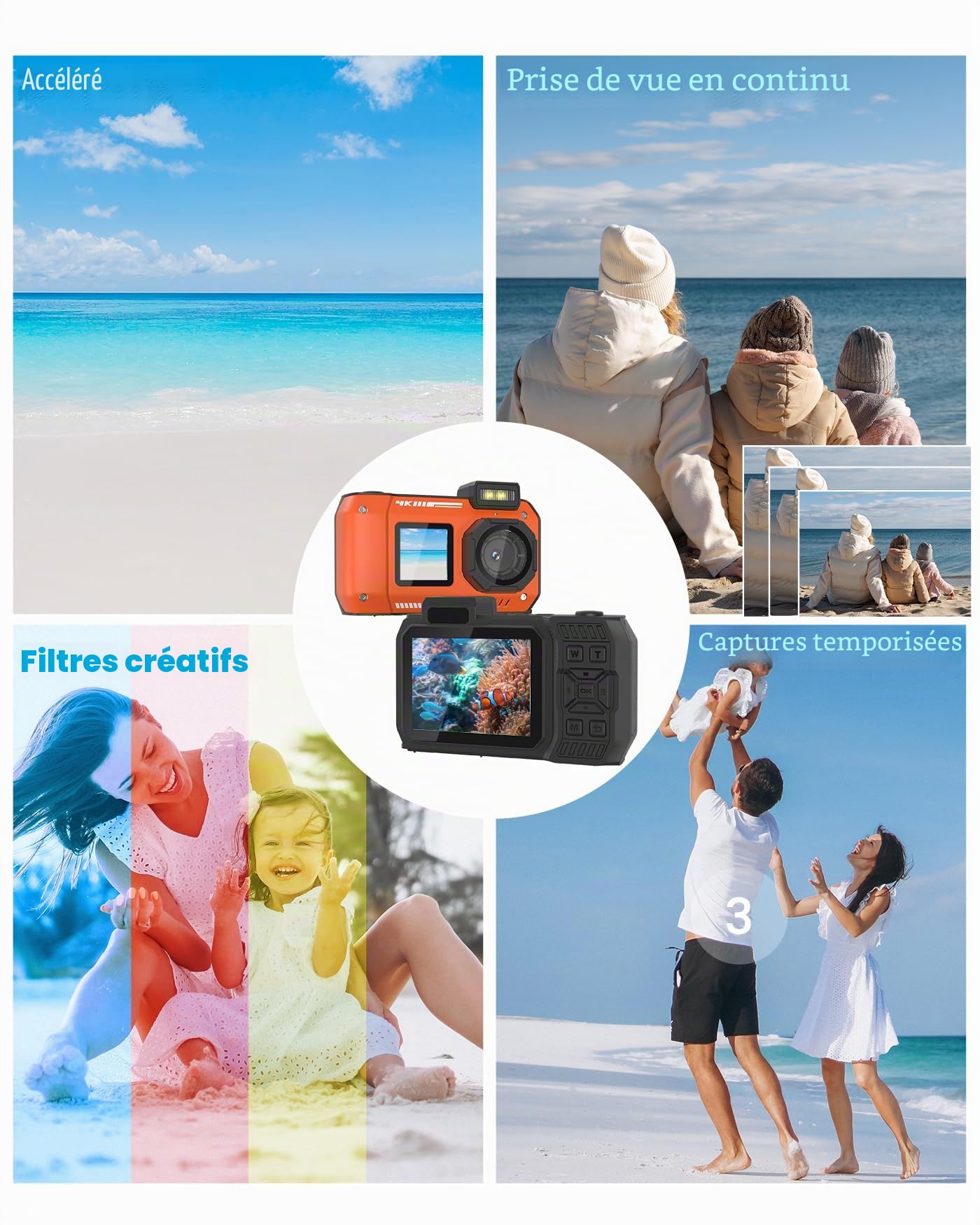Caméra sous-marine 4 K 65 MP étanche avec carte de 64 Go autofocus selfie double écran appareil photo numérique étanche compact flottant (orange)