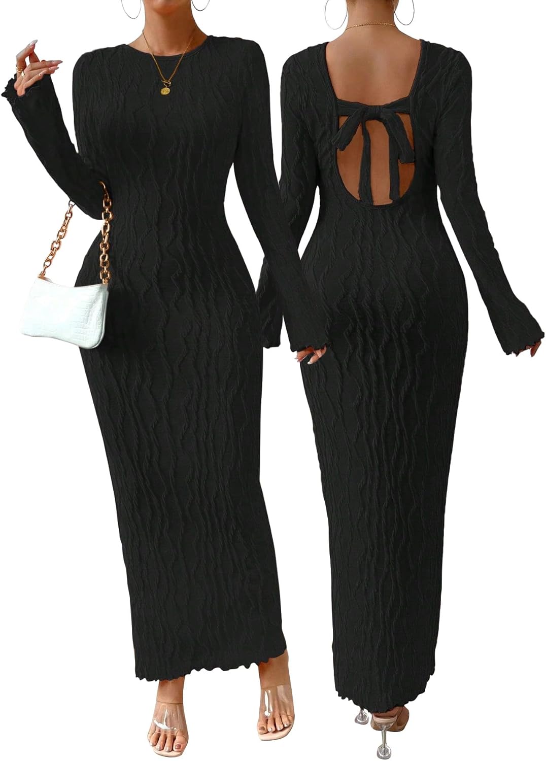 Narecte Fall Dresses for Women Long Sleeve Maxi Dress Backless Bodycon Dresses Casual Long Formal Dress