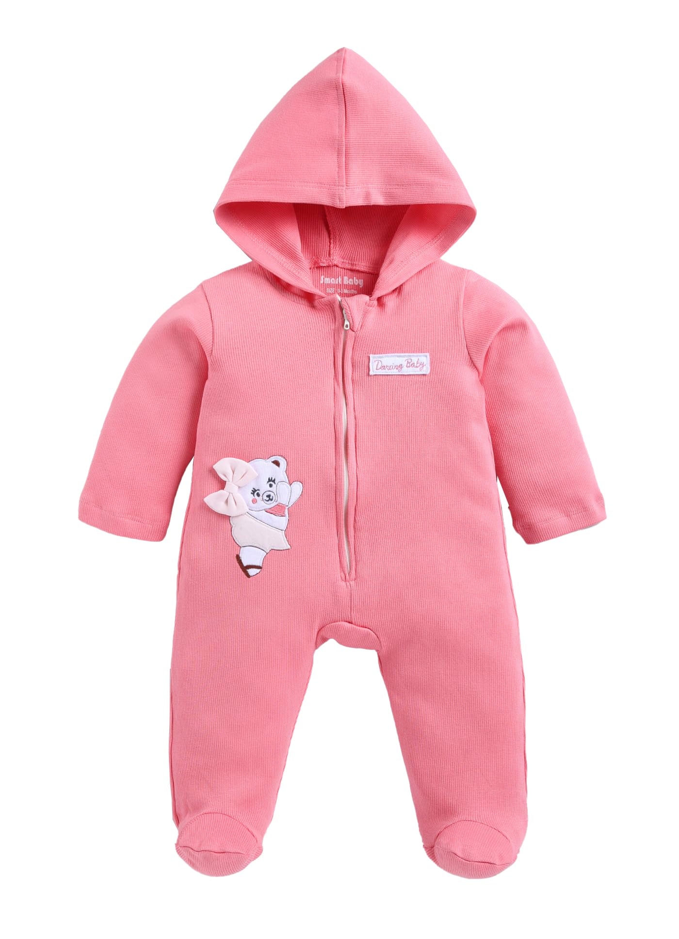 Smart Baby Hooded Winter Romper for Newborn & Infants | 100% Cotton Interlock Sleepsuit with Front Zipper & Closed Feet | Soft & Warm Baby Boy/Baby Girl Jumpsuit – Pink