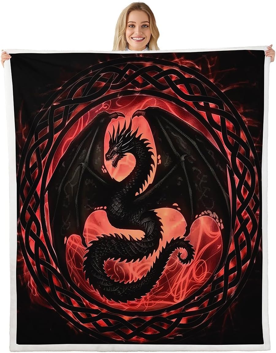 Erosebridal Wildlife Dragon Fleece Blanket Queen 90"X90",Exotic Dragon Green Sherpa Blanket Dreamy Dragon Throw Blanket Magical Wild Animal Plush Bed Blanket for Kids Boys Girls Bed