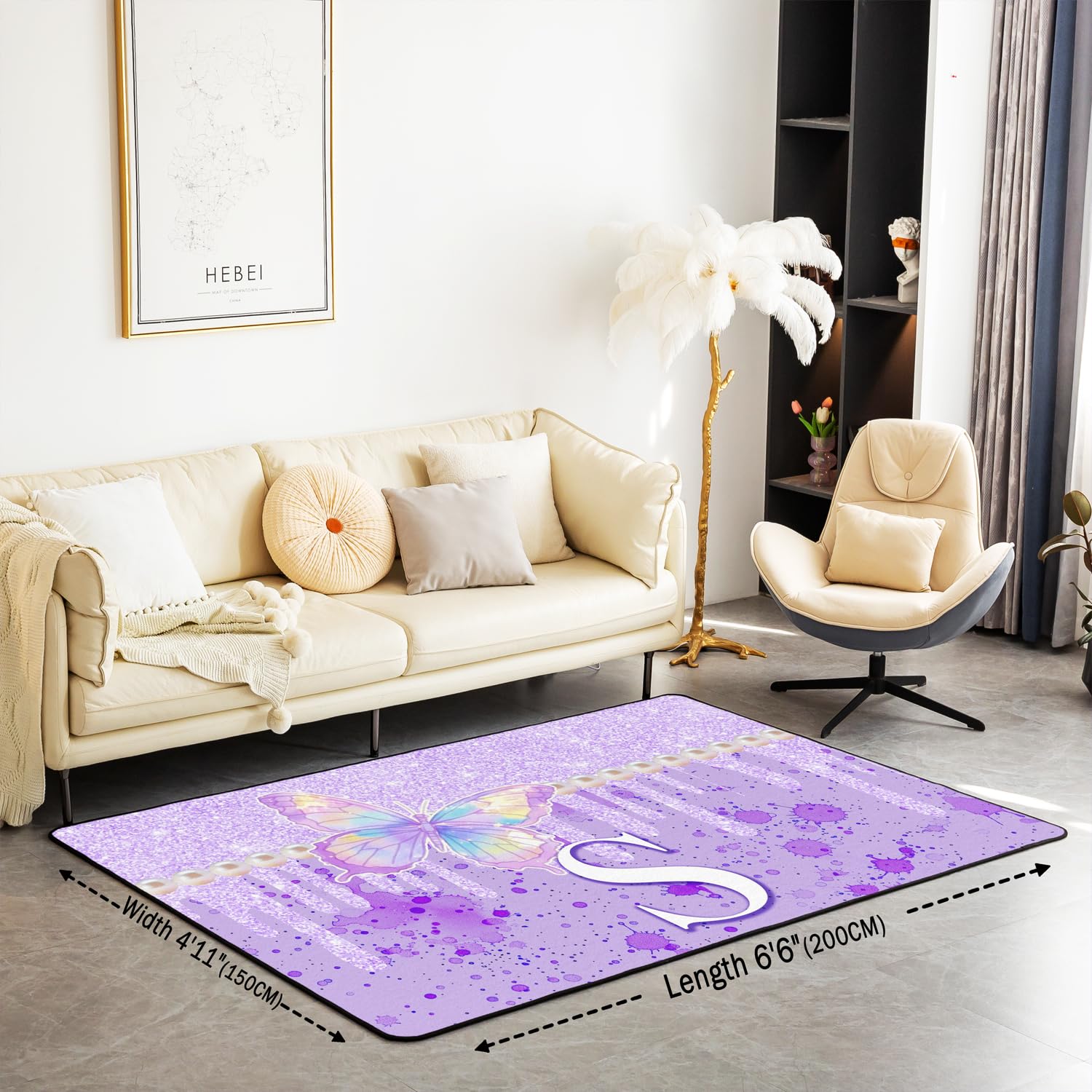 Alphabet Lettre S Tapis Exterieur Violet Papillon Tapis Salon 100x150cm pour Garçons Filles Glitter Imprimer Graffti Chambre Décor