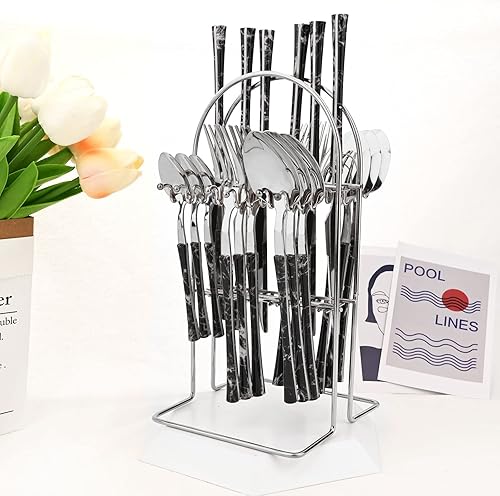 Miniatura 4 de Juego de cubiertos colgantes de 24 piezas con un estante para cubiertos, cubiertos de acero inoxidable con mango de madera de imitación de mármol