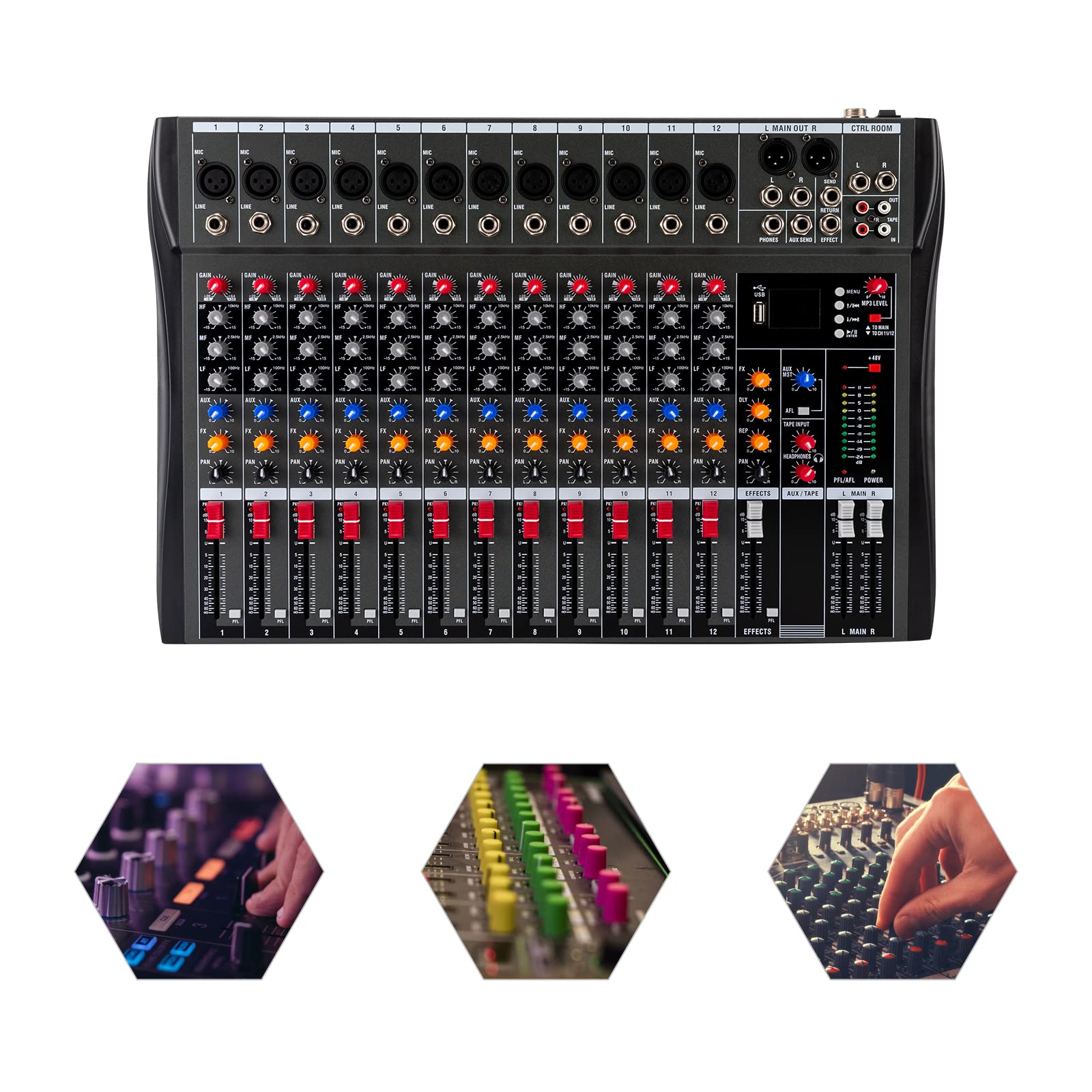 Mikser audio, 18 W, 12-kanałowy, studyjny, mikser stereo, konsola miksująca, DJ Live Studio, karta dźwiękowa, konsola USB, cyfrowy mikser audio z wyświetlaczem LCD, do domu, KTV, kampusu, konferencji