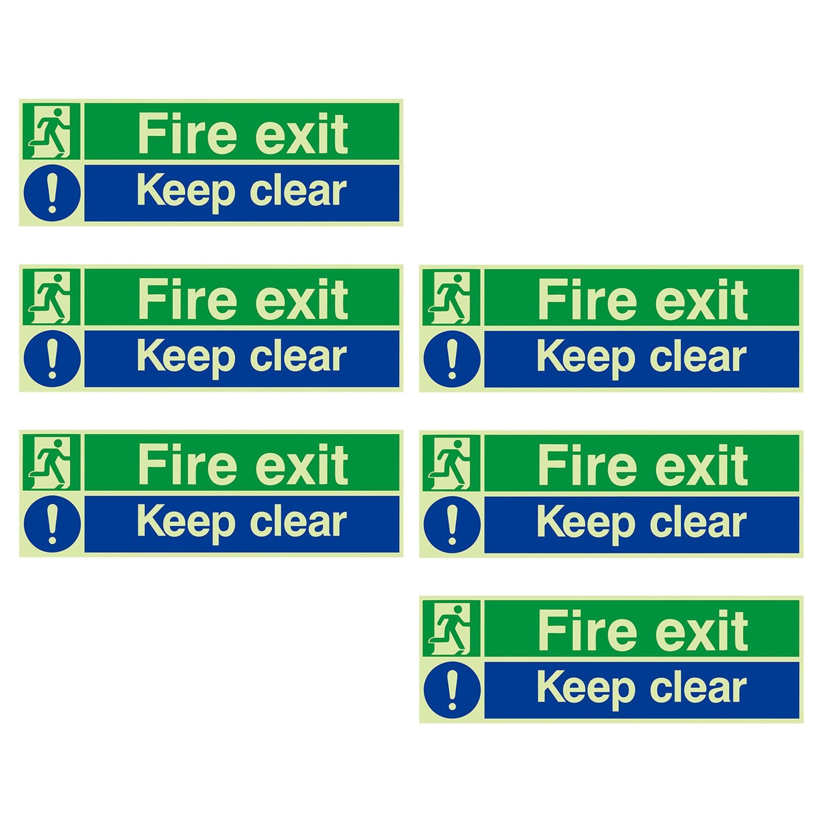 6 Pcs Fire Exit Keep Clear Sign, Fire Exit Sign Glow in the Dark, 30cm x 10cm Self Adhesive Rigid Plastic, Ideal for Offices Buildings Warehouses and Public Spaces, Easy Installation