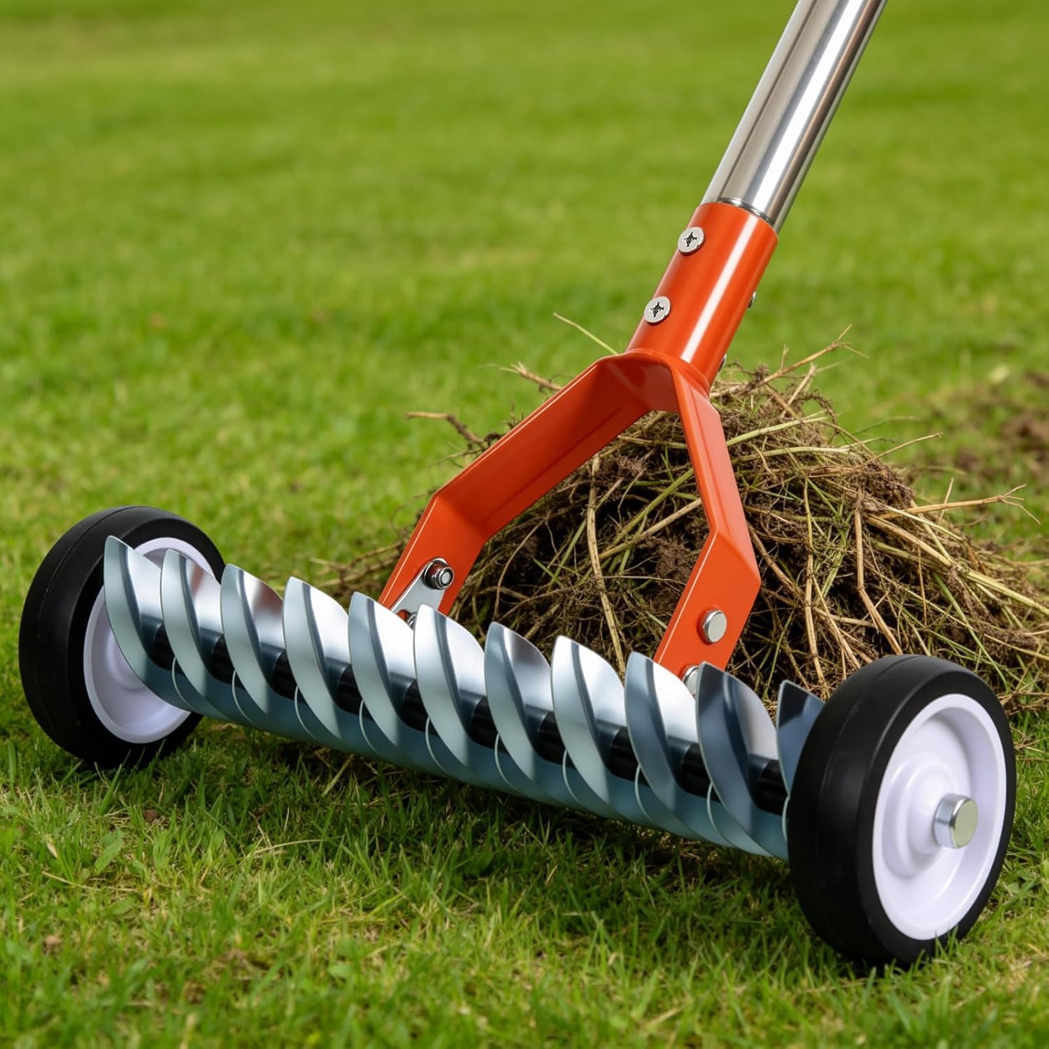 Thatch Rake, Adjustable Garden Rake Head and 38"–65" Handle with Wheels, 21 & 11 Dual-Sided Steel Tines, Heavy-Duty Lawn Dethatching Rake for Cool & Warm Season Grass, Landscape and Lawn Care（Orange）