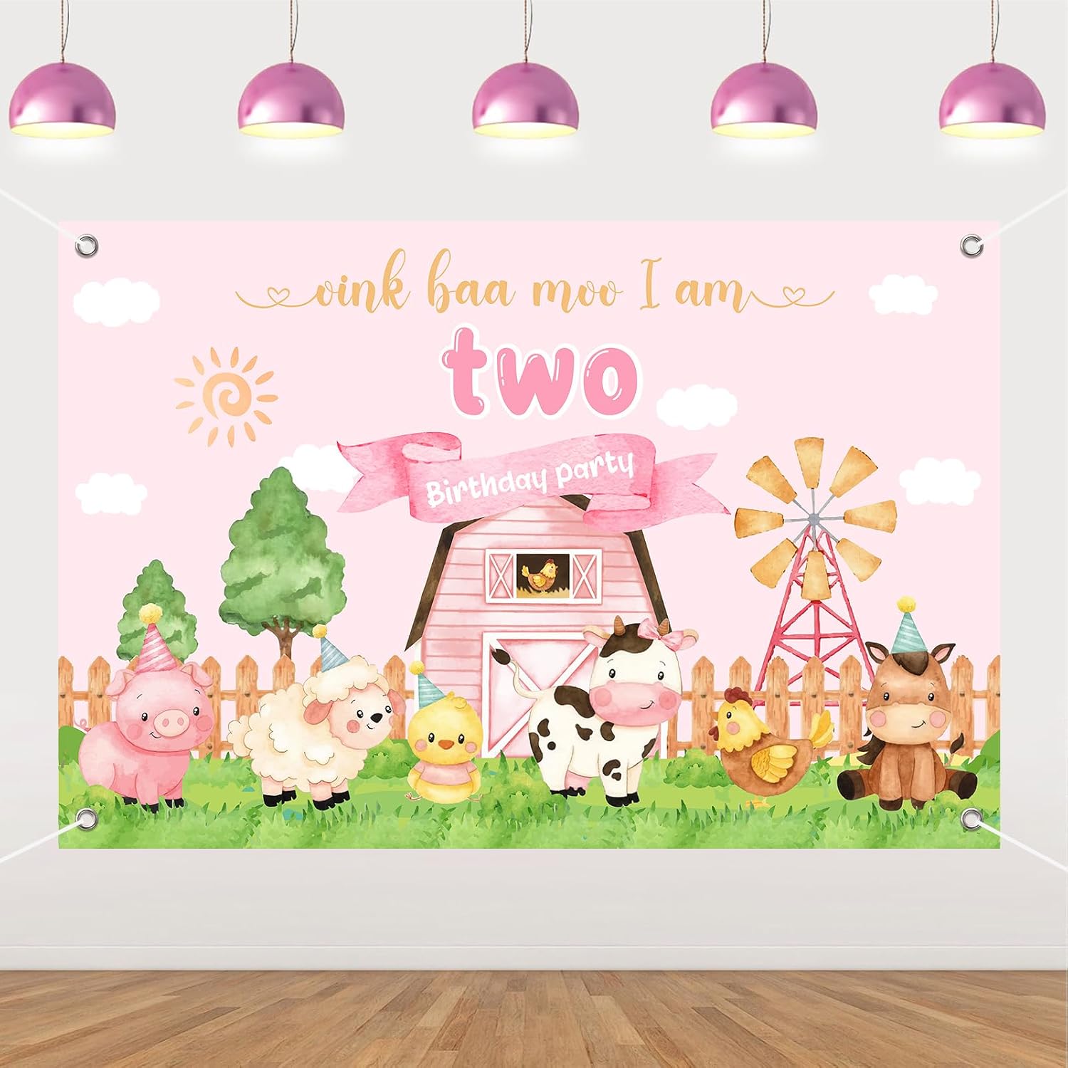 Pink Farm Animals 2nd Birthday Party Decorations, Oink Baa Moo Im Two Backdrop Banner, Centerpieces, Cake Topper, Hanging Swirls and Balloons for Farmhouse Barnyard Party Supplies