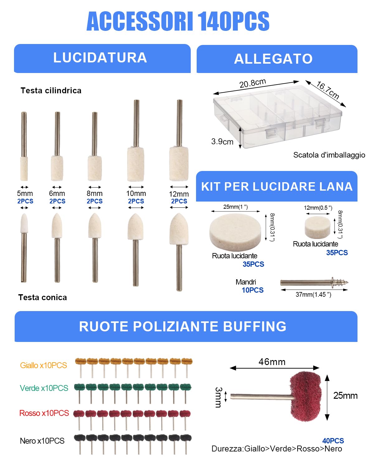 140 Pezzi Accessori per Dremel Elettrico Lucidatura, Ruota in Lana 3mm per la lucidatura metallo Metallo, Vetro, Gioielli, Kit Utensile Rotante Completo