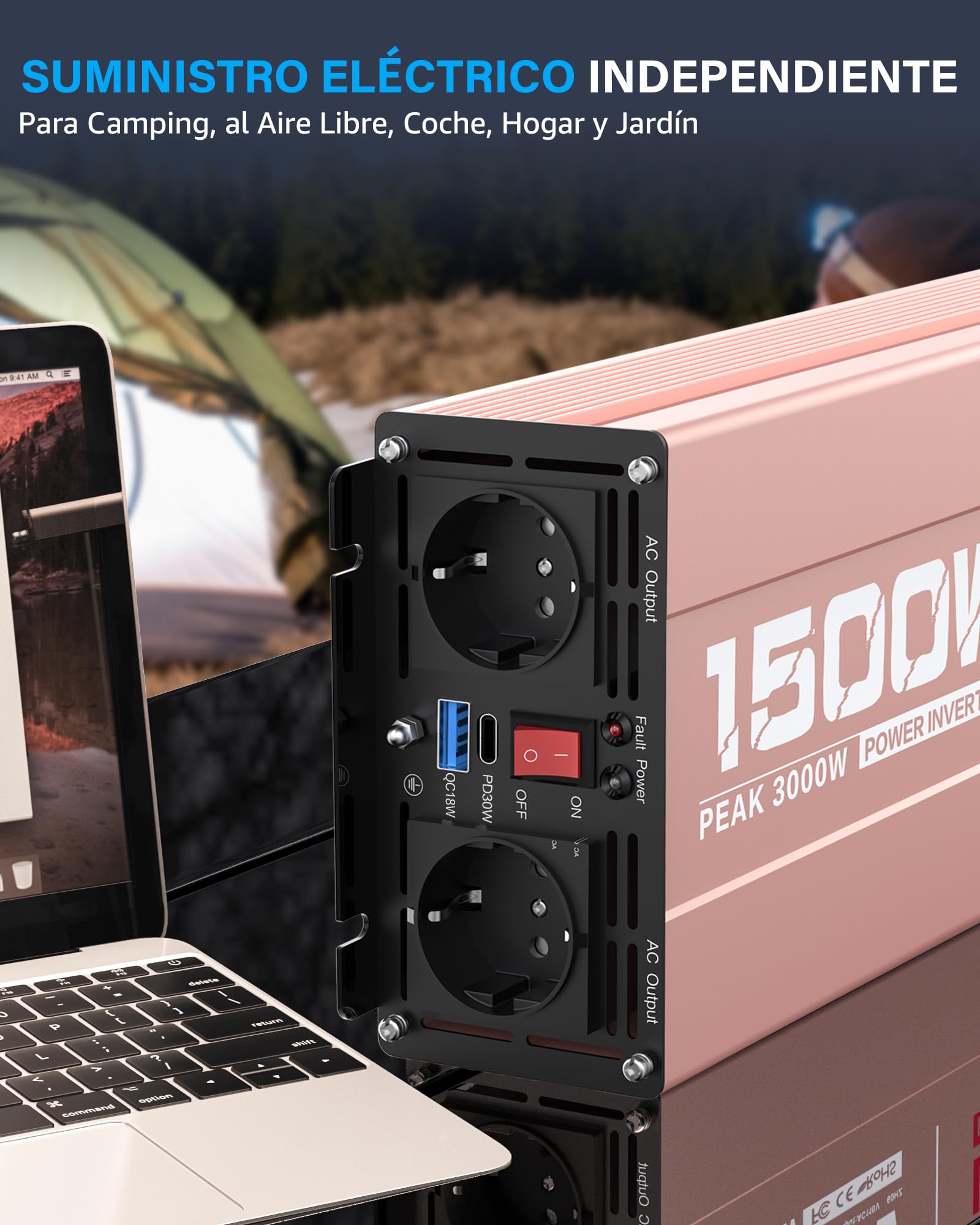 XWJNE 1500W Inversor 12V a 220V, Convertidor para Coche con 1 Enchufe EU, 2 Puertos USB-A, 2 Puertos USB-C, Inversor de Corriente Onda Sinusoidal Modificada con Pantalla LCD y Control Remoto