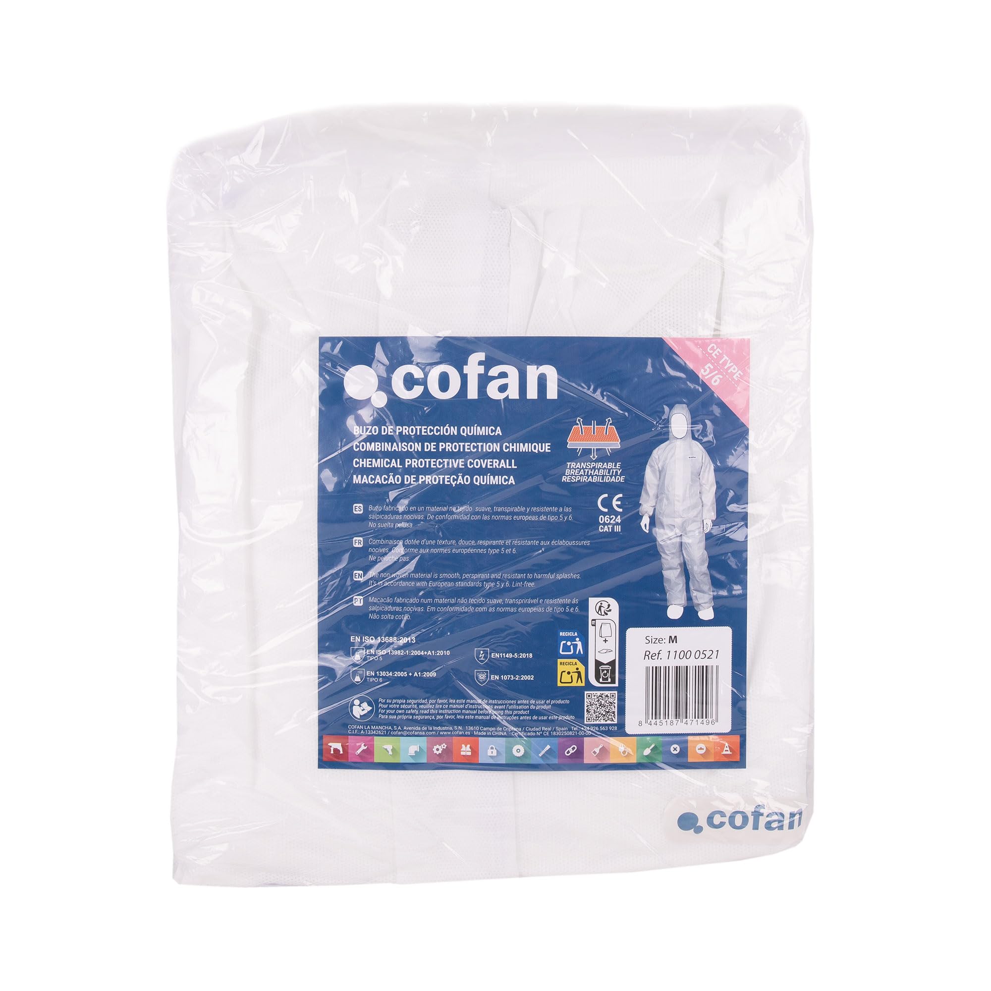 Cofan Buzo de Protección Desechable con Capucha Tipo 5/6 Cat III, Antiestático, Mono de Seguridad para Químicos, Pintura y Construcción, Tallas Desde la M a XXL
