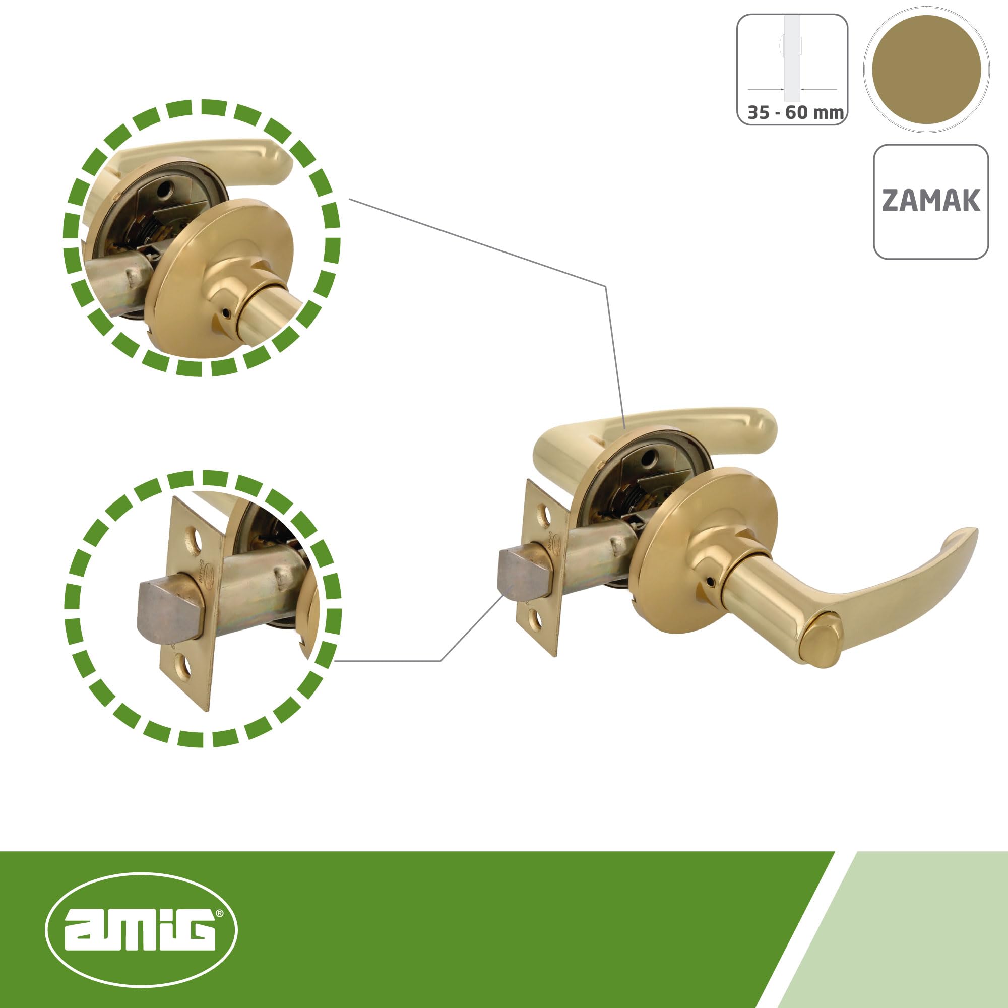 Amig - Juego de manillas - Manillas con picaporte cuadrado - Para puertas de paso - Zamak - Picaporte de entrada 60/70 mm incluido - Para puertas de madera de anchura de 35 a 45 mm - Dorado