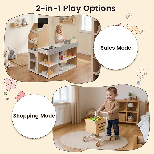 Miniatura 4 de Costzon Juego de simulación para tienda de comestibles, tienda de juegos de madera, juego de supermercado para niños pequeños con caja registradora