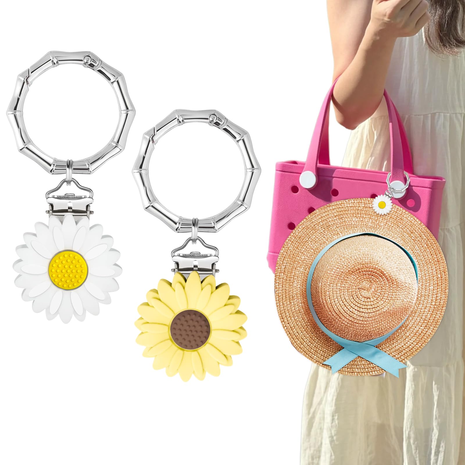 2 clips para sombreros para viajar en la bolsa: fija de forma segura los sombreros a bolsos, bolsos, equipaje, manos libres, evita pérdidas en la playa o salidas, Blanco, amarillo claro