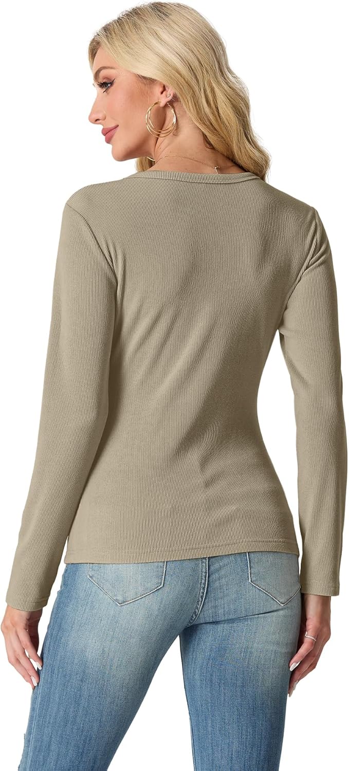 IWOLLENCE Womens Ribbed Long Sleeve Crewneck Casual Slim Basic Shirts Fitted Knit Tops - Image 4